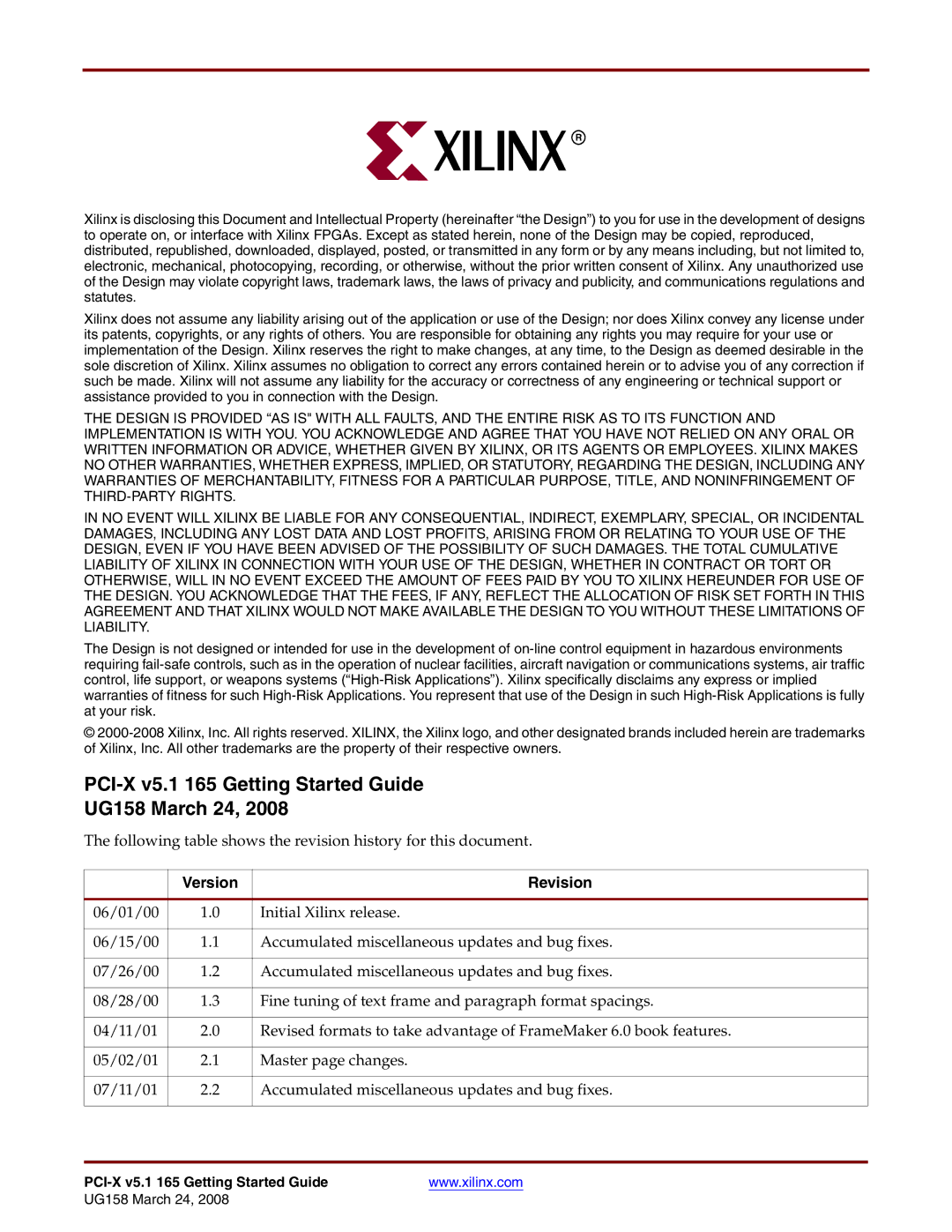 Xilinx manual PCI-X v5.1 165 Getting Started Guide UG158 March 24, Version Revision 