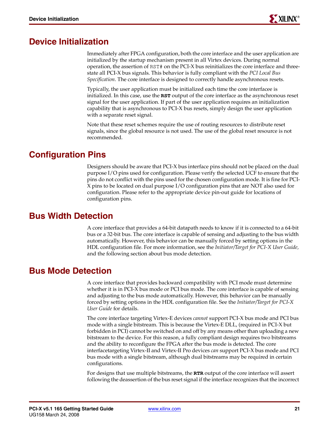 Xilinx PCI-X v5.1 manual Device Initialization, Configuration Pins, Bus Width Detection, Bus Mode Detection 