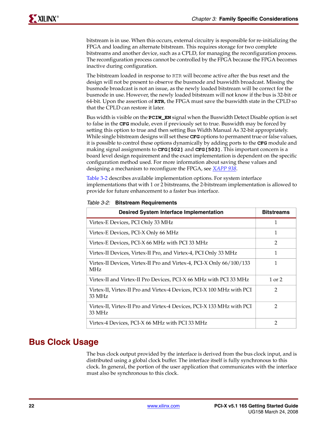 Xilinx PCI-X v5.1 manual Bus Clock Usage, Family Specific Considerations 