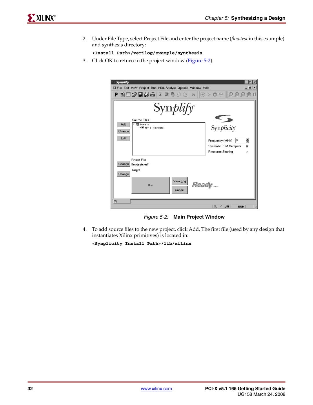 Xilinx PCI-X v5.1 manual Synthesizing a Design, 2Main Project Window 