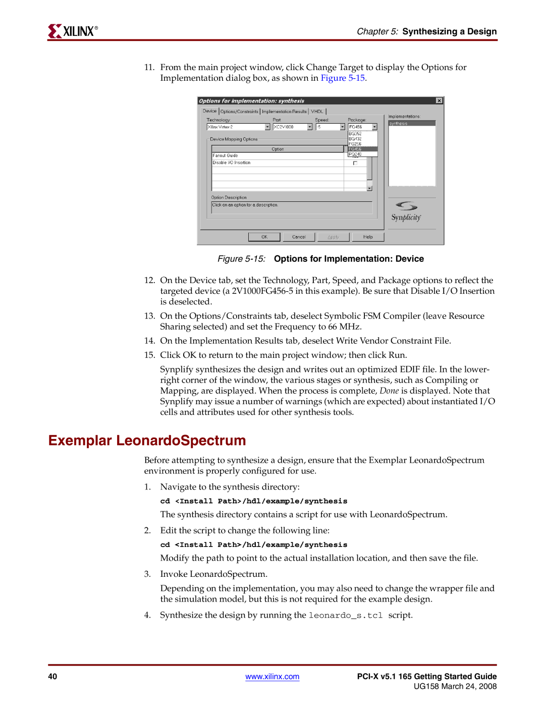 Xilinx PCI-X v5.1 manual Exemplar LeonardoSpectrum, 15Options for Implementation Device 