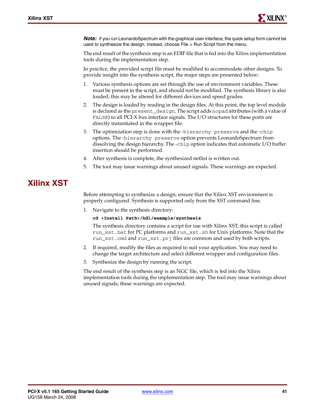 Xilinx PCI-X v5.1 manual Xilinx XST 