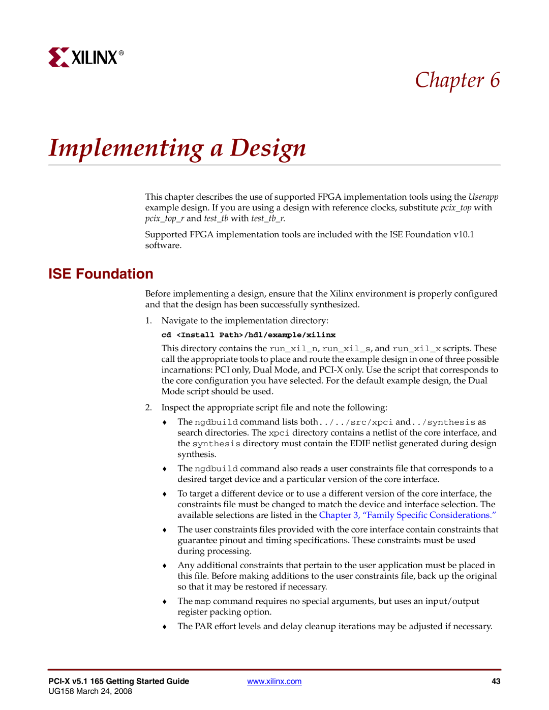 Xilinx PCI-X v5.1 manual Implementing a Design, ISE Foundation 