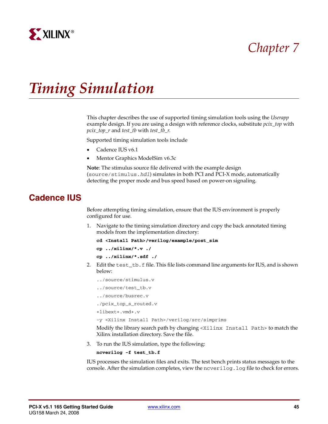 Xilinx PCI-X v5.1 manual Timing Simulation, Cadence IUS 