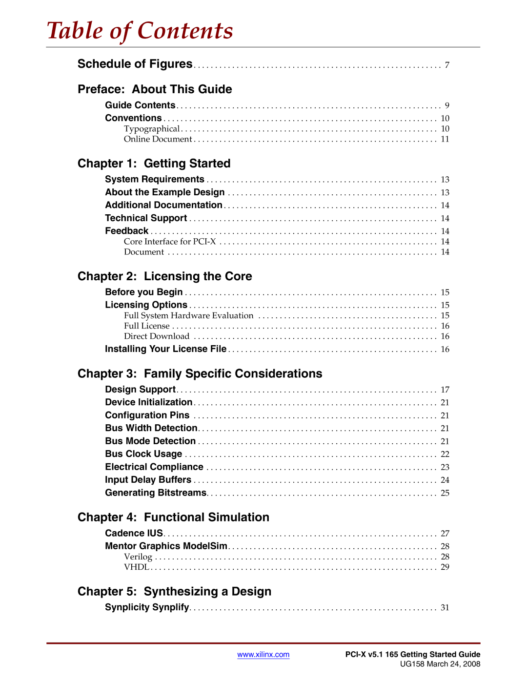 Xilinx PCI-X v5.1 manual Table of Contents 