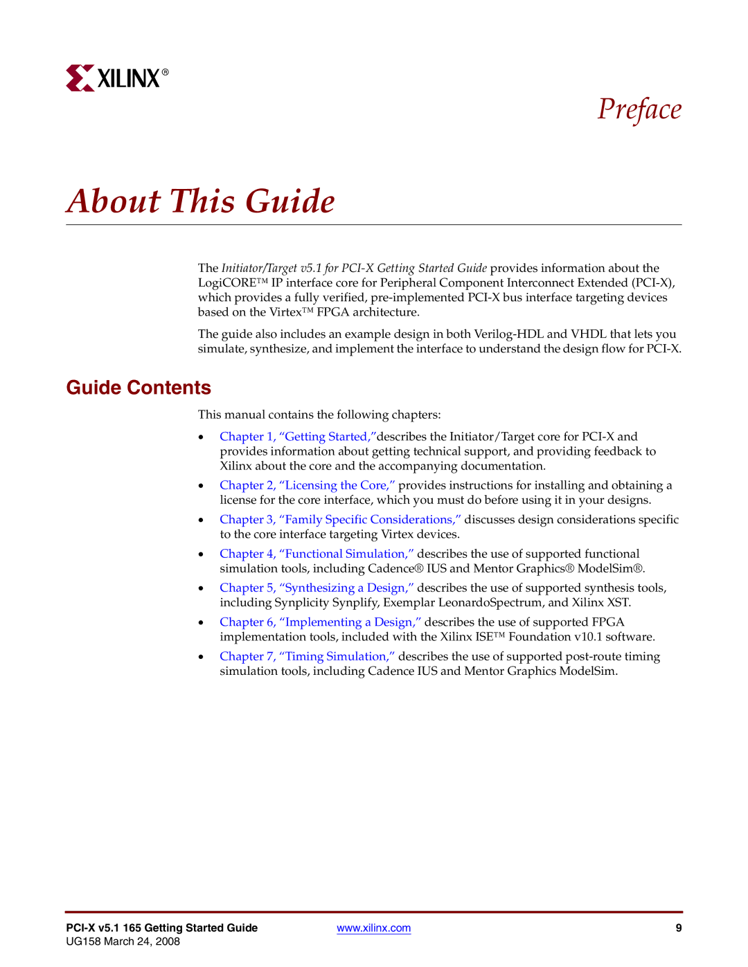 Xilinx PCI-X v5.1 manual About This Guide, Guide Contents 