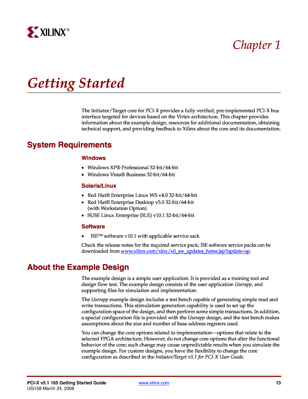 Xilinx PCI-X v5.1 manual Getting Started, Chapter, System Requirements, About the Example Design, Windows, Solaris/Linux 