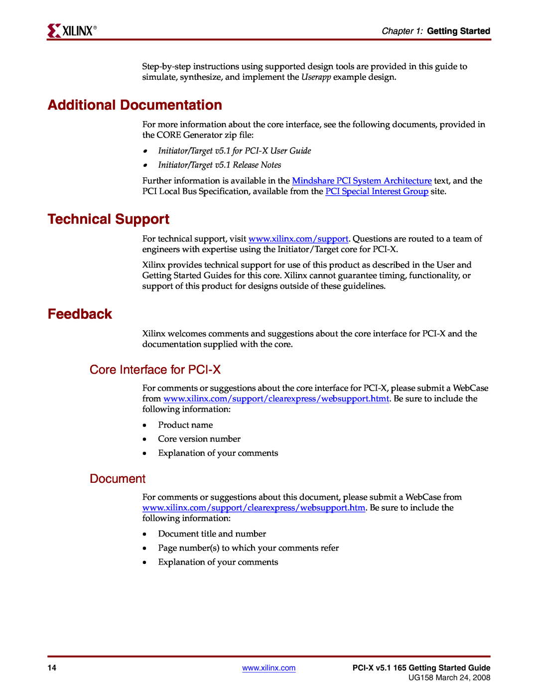 Xilinx PCI-X v5.1 manual Additional Documentation, Technical Support, Feedback, Core Interface for PCI-X, Getting Started 