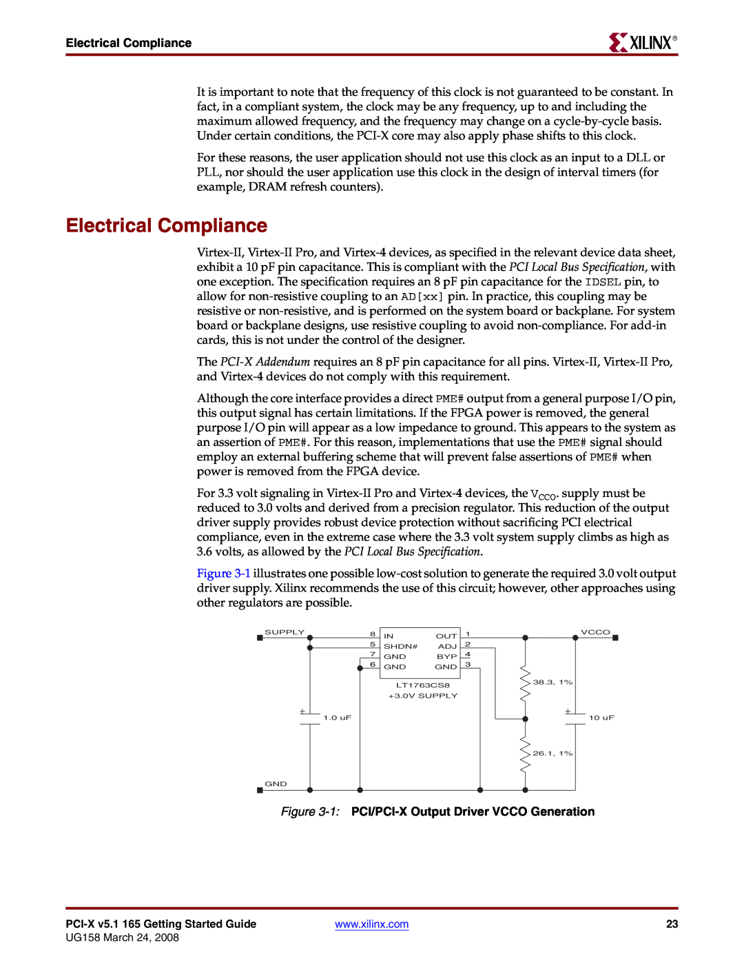 Xilinx PCI-X v5.1 manual Electrical Compliance, volts, as allowed by the PCI Local Bus Specification 