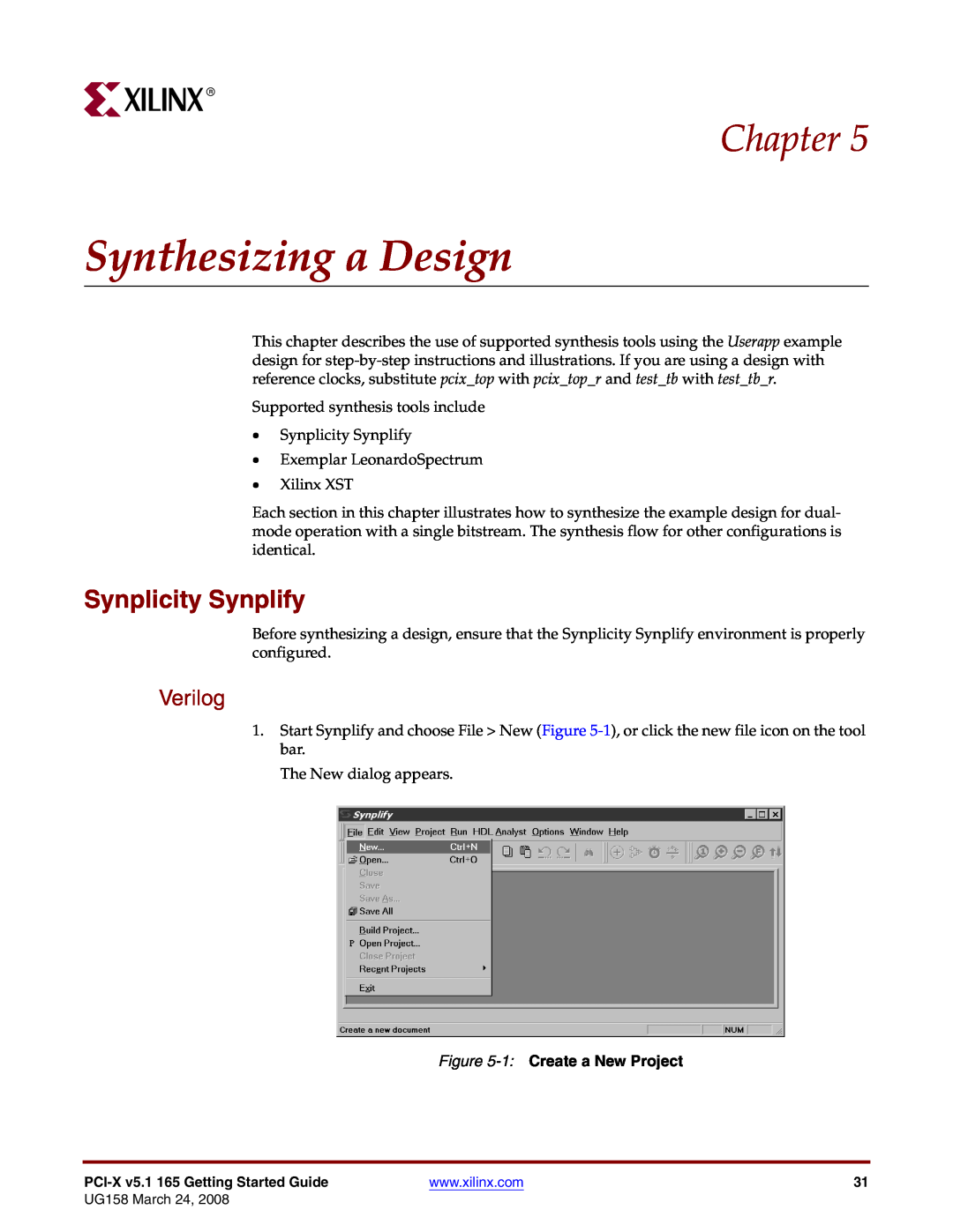 Xilinx PCI-X v5.1 manual Synthesizing a Design, Synplicity Synplify, 1 Create a New Project, Chapter, Verilog 
