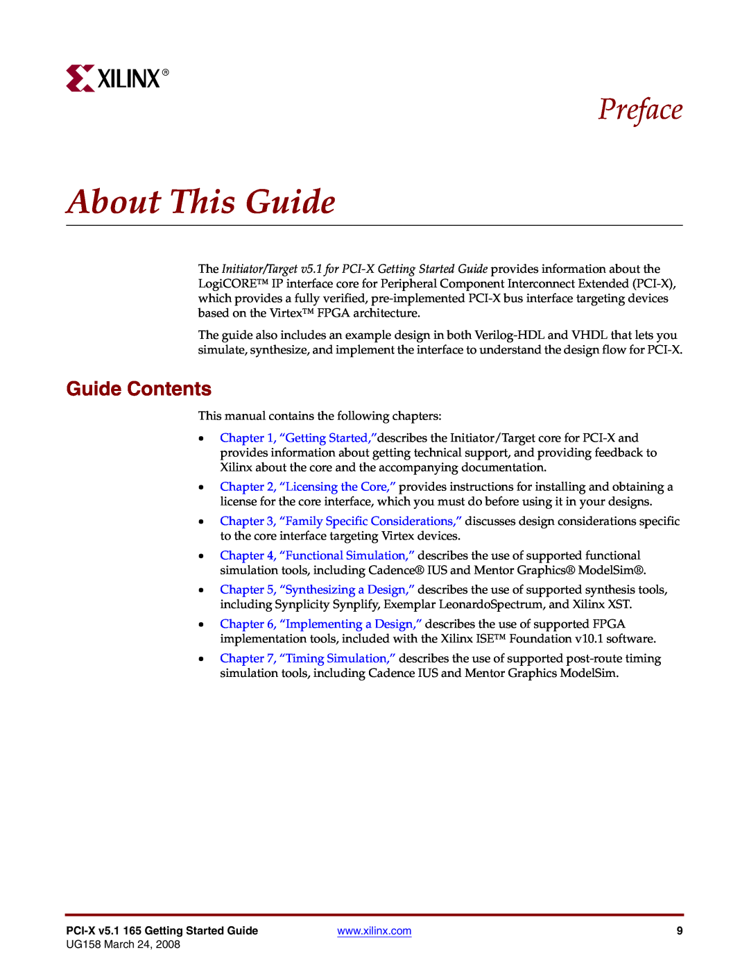 Xilinx PCI-X v5.1 manual About This Guide, Preface, Guide Contents 
