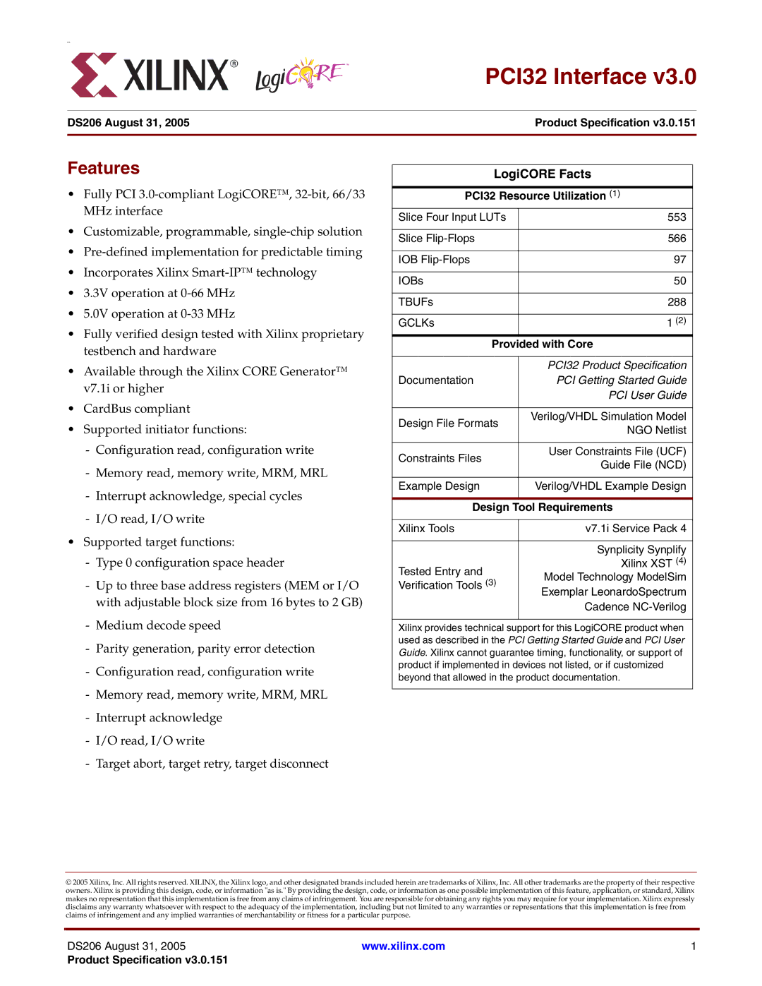 Xilinx PCI32 warranty Features, LogiCORE Facts 