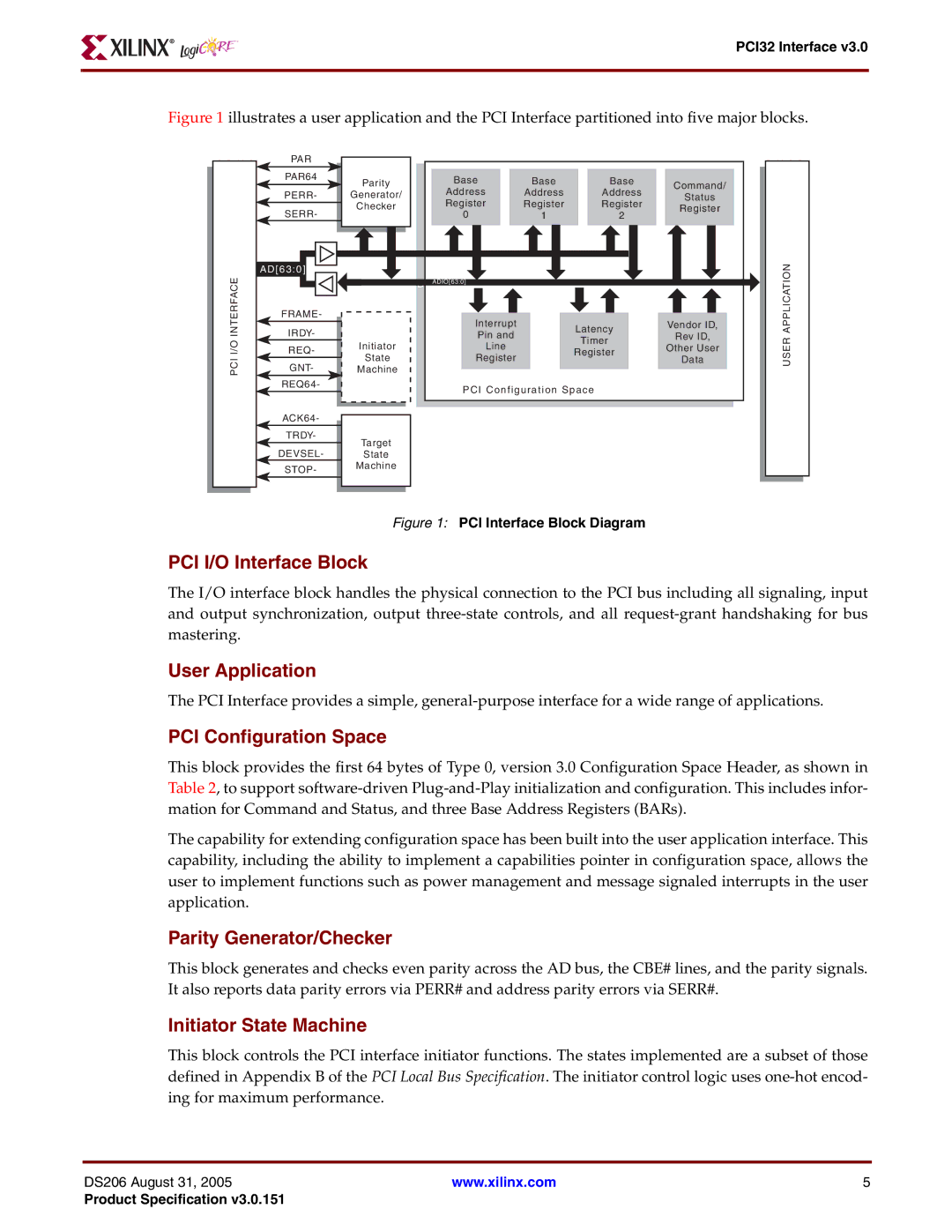 Xilinx PCI32 warranty PCI I/O Interface Block, User Application, PCI Configuration Space, Parity Generator/Checker 