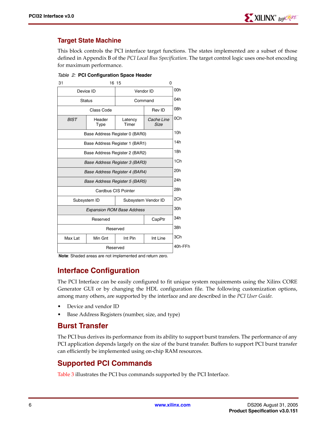 Xilinx PCI32 warranty Interface Configuration, Burst Transfer, Supported PCI Commands, Target State Machine 