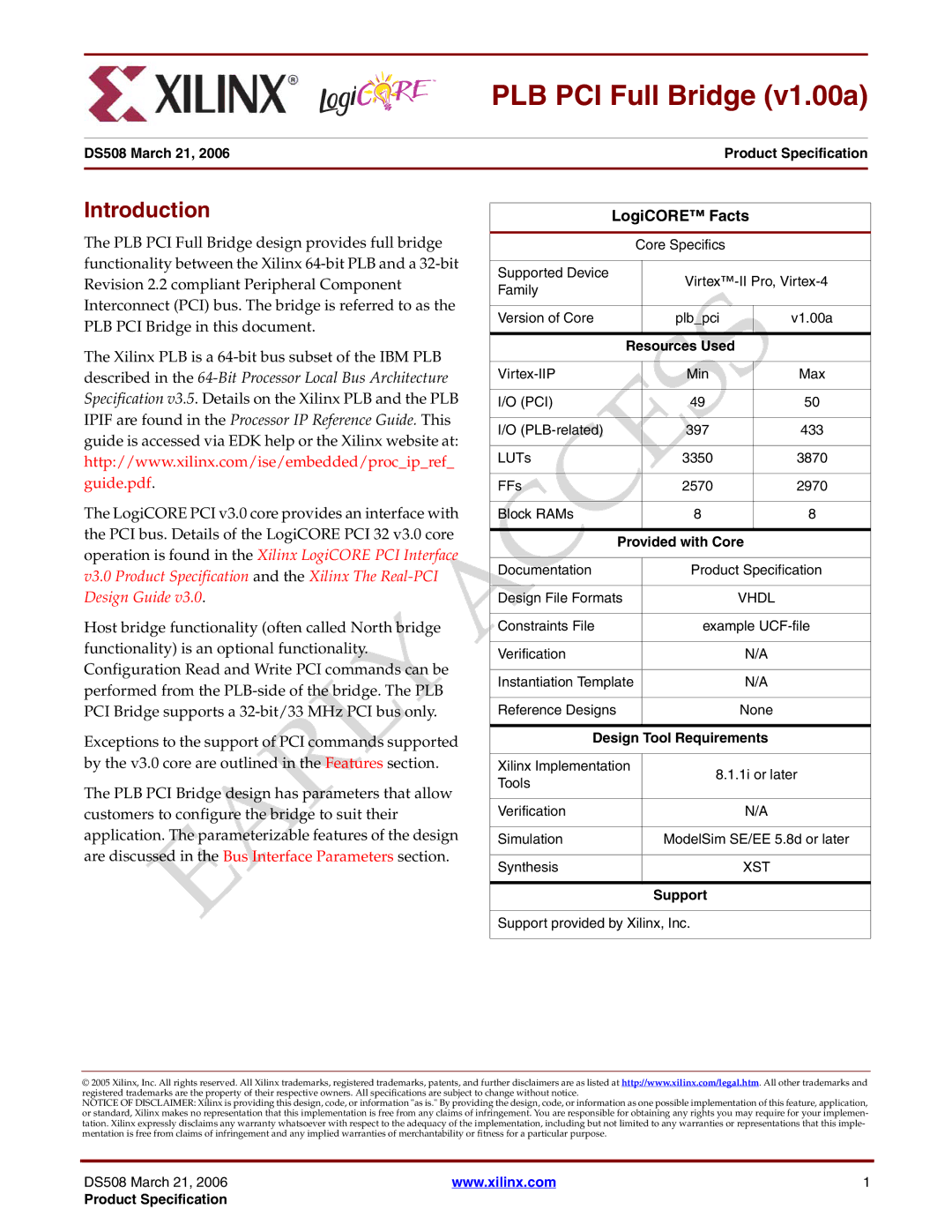 Xilinx PLB PCI Full Bridge specifications Introduction, LogiCORE Facts 