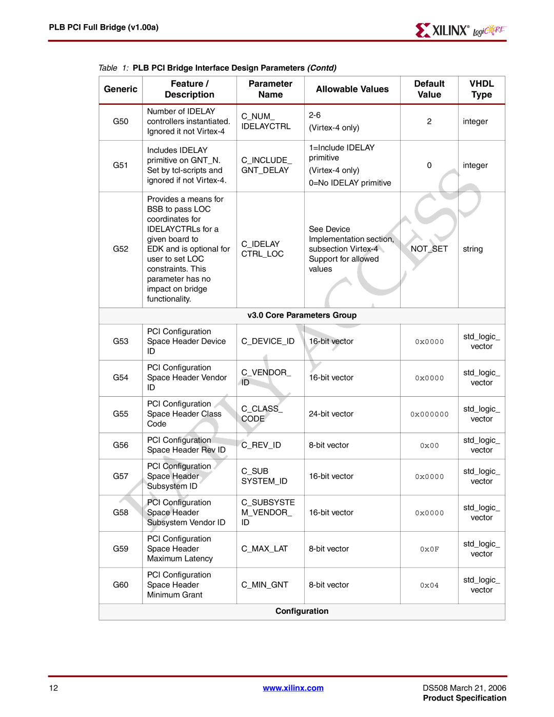 Xilinx PLB PCI Full Bridge specifications V3.0 Core Parameters Group, Configuration 