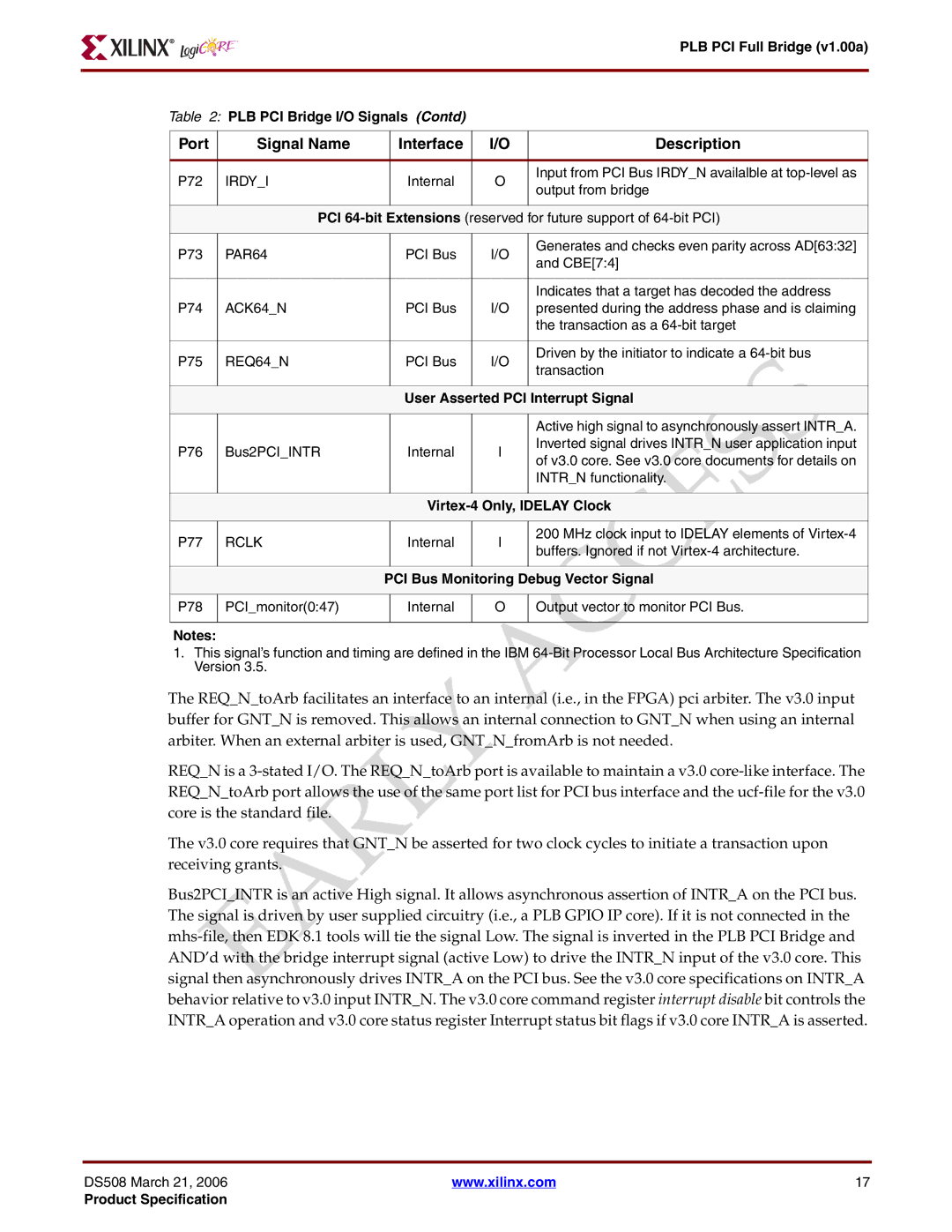 Xilinx PLB PCI Full Bridge specifications User Asserted PCI Interrupt Signal 