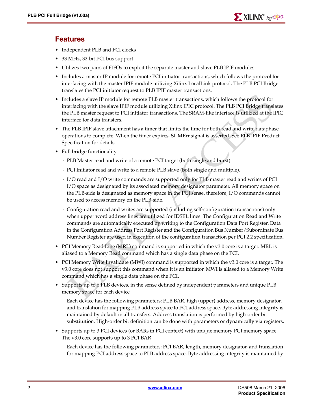 Xilinx specifications Features, PLB PCI Full Bridge v1.00a 