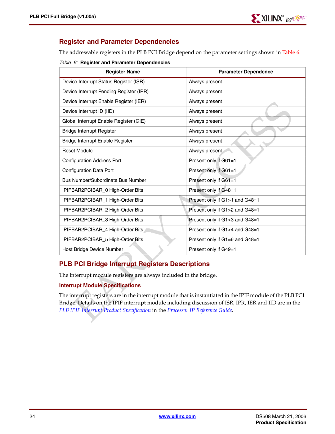 Xilinx PLB PCI Full Bridge Register and Parameter Dependencies, PLB PCI Bridge Interrupt Registers Descriptions 