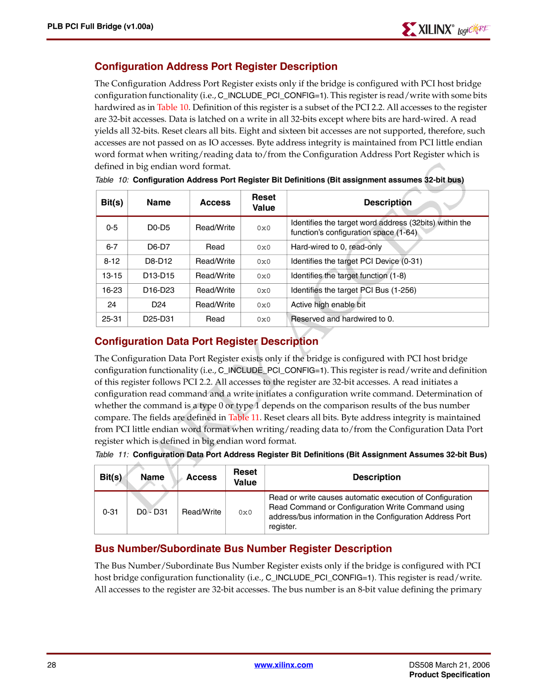 Xilinx PLB PCI Full Bridge Configuration Address Port Register Description, Configuration Data Port Register Description 