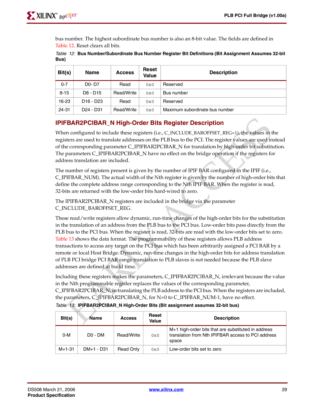 Xilinx PLB PCI Full Bridge specifications IPIFBAR2PCIBARN High-Order Bits Register Description, Cincludebaroffsetreg 