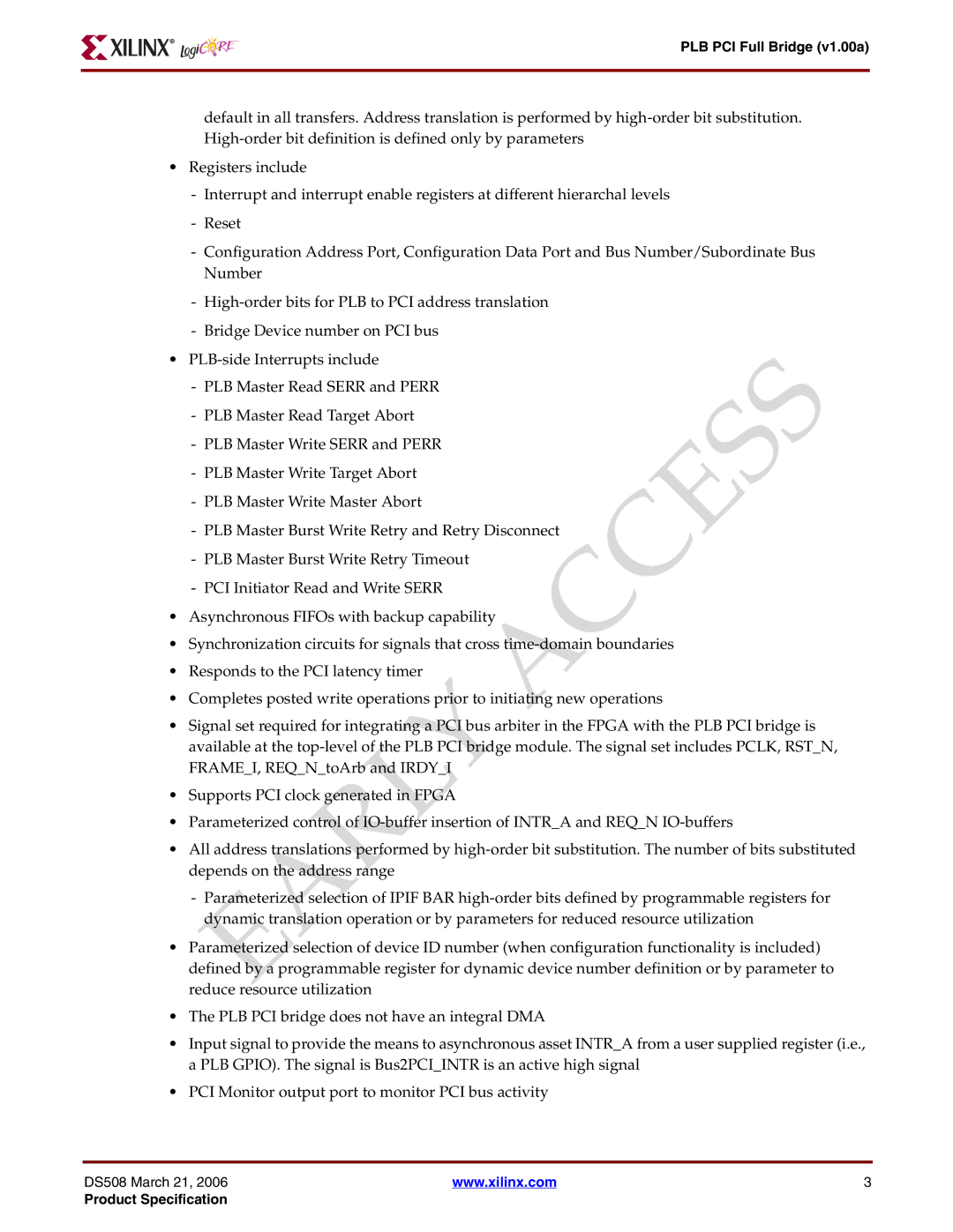 Xilinx specifications PLB PCI Full Bridge v1.00a 