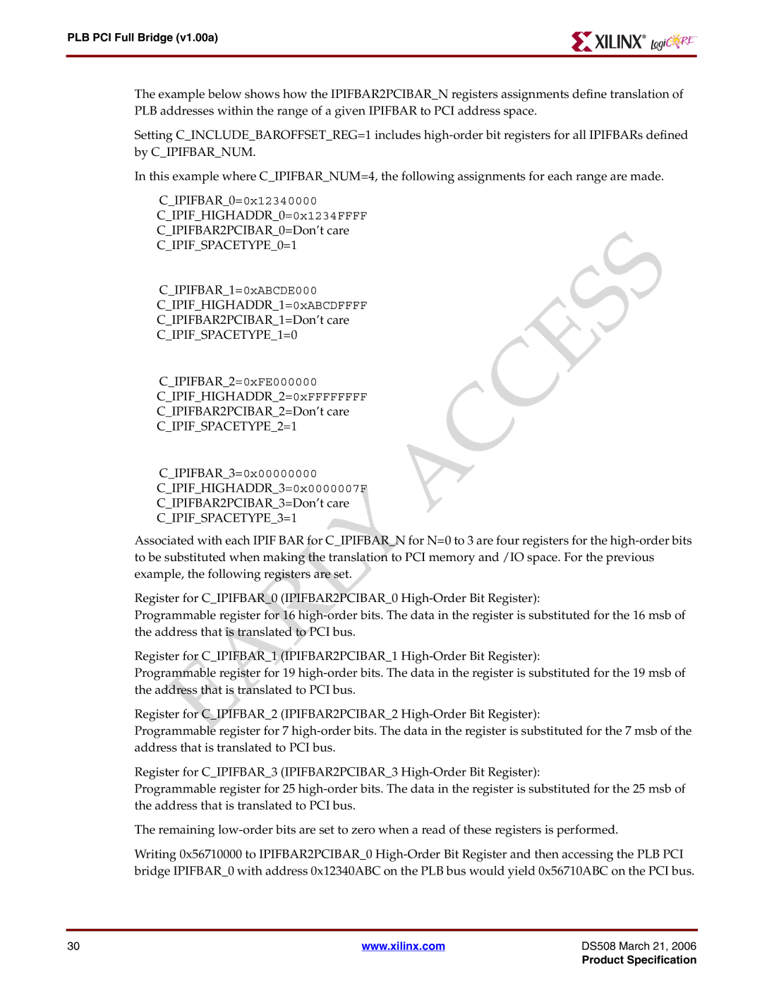 Xilinx PLB PCI Full Bridge specifications CIPIFSPACETYPE0=1 