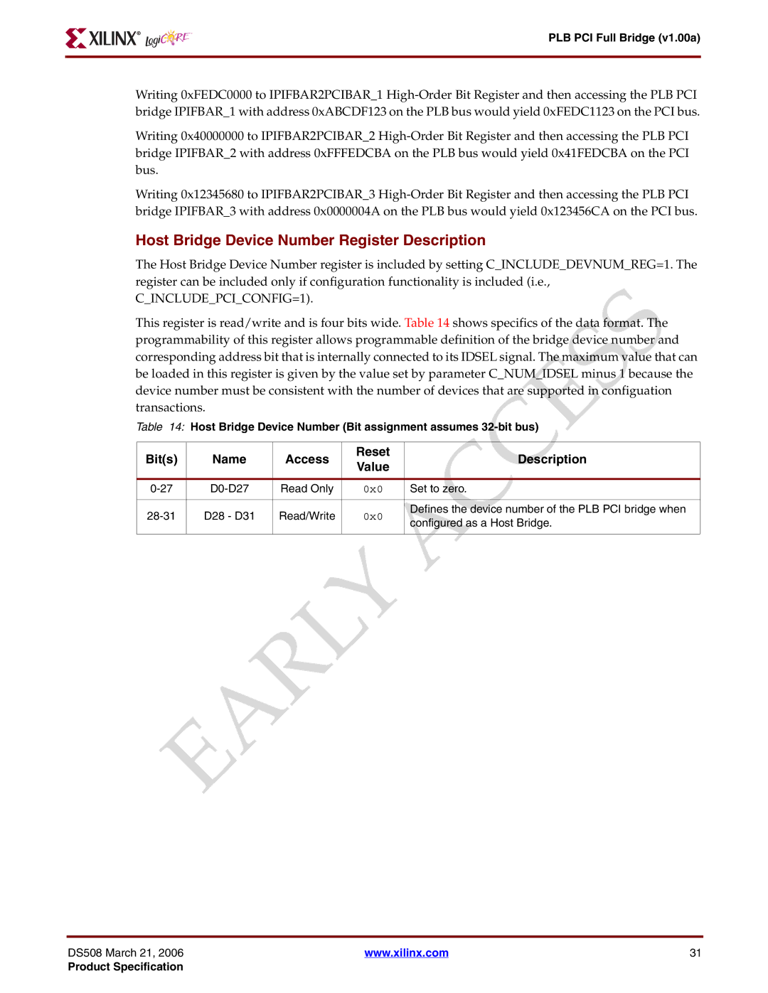 Xilinx PLB PCI Full Bridge specifications Host Bridge Device Number Register Description 