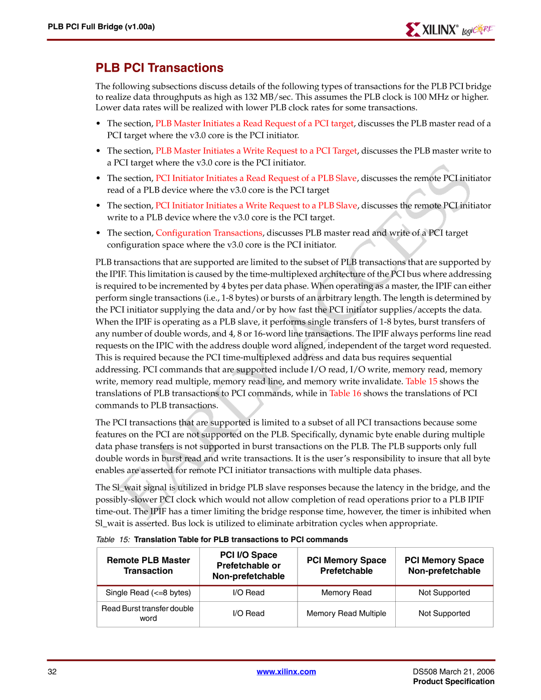 Xilinx PLB PCI Full Bridge PLB PCI Transactions, Remote PLB Master PCI I/O Space PCI Memory Space, Non-prefetchable 