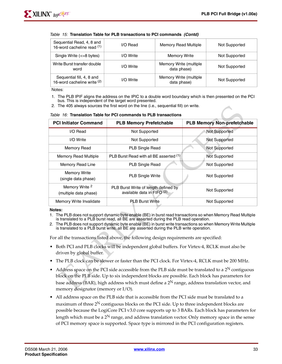 Xilinx PLB PCI Full Bridge specifications Translation Table for PCI commands to PLB transactions 