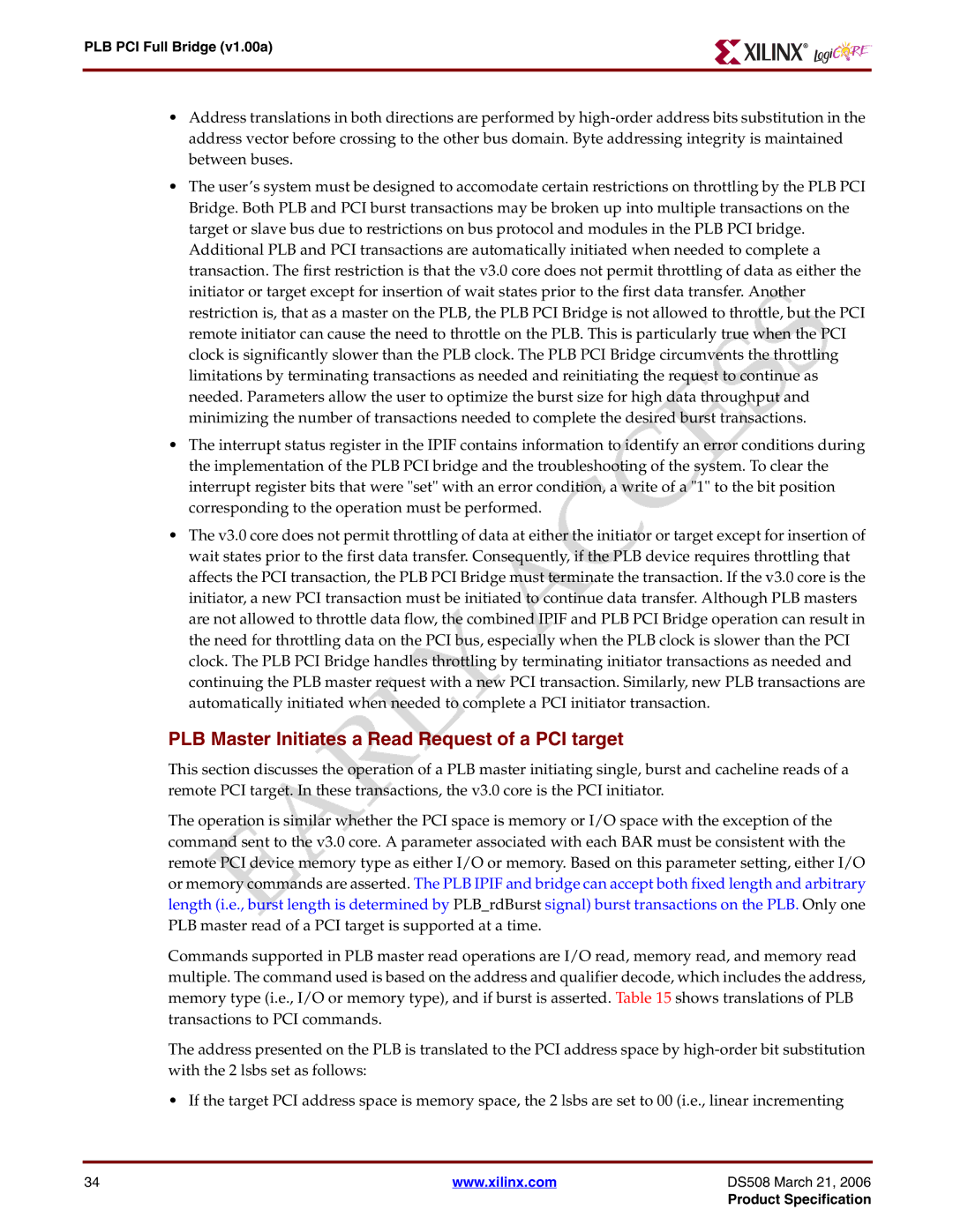 Xilinx PLB PCI Full Bridge specifications PLB Master Initiates a Read Request of a PCI target 