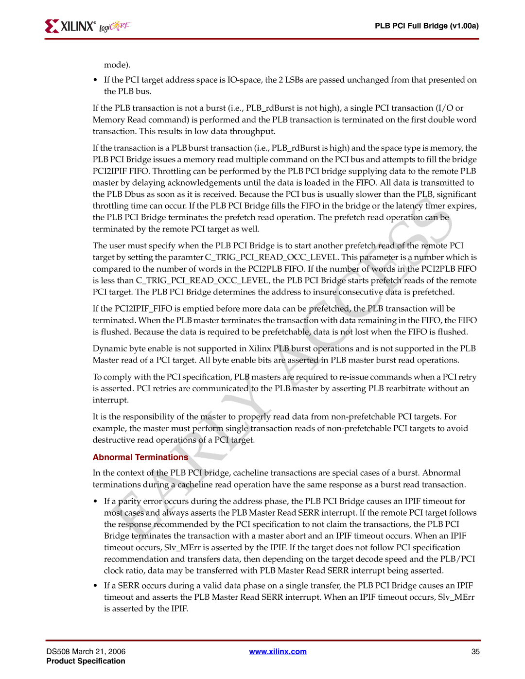 Xilinx PLB PCI Full Bridge specifications Abnormal Terminations 