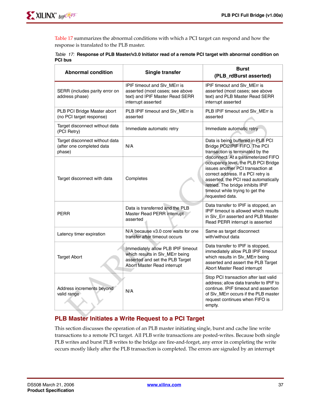 Xilinx PLB PCI Full Bridge specifications PLB Master Initiates a Write Request to a PCI Target, Perr 