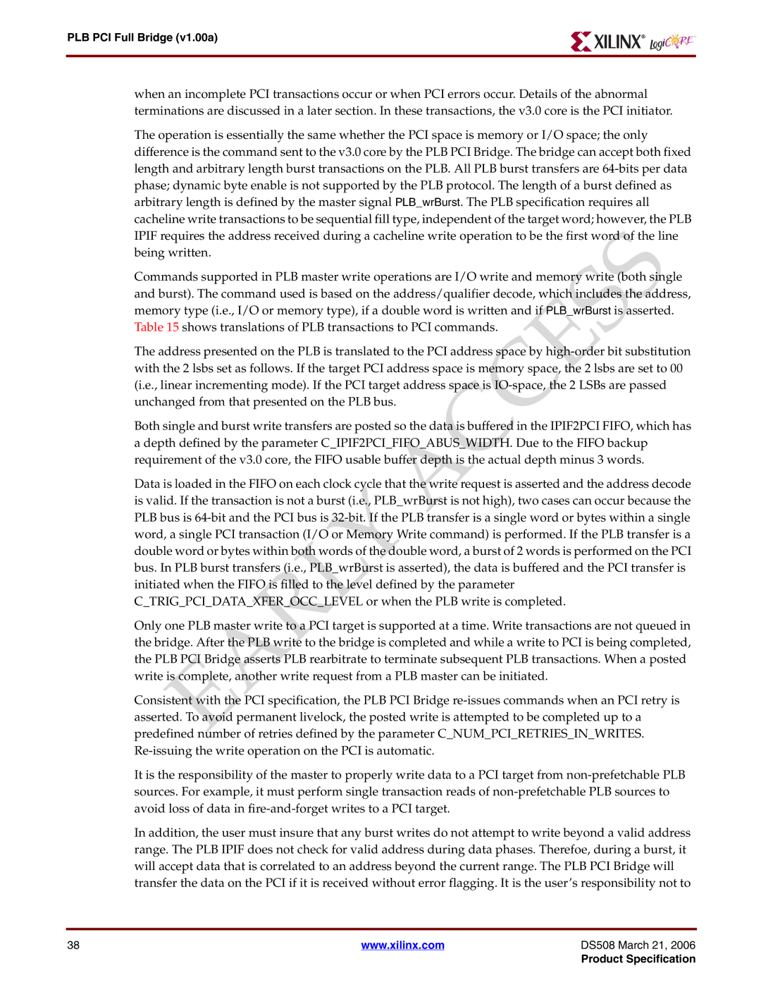 Xilinx specifications PLB PCI Full Bridge v1.00a 