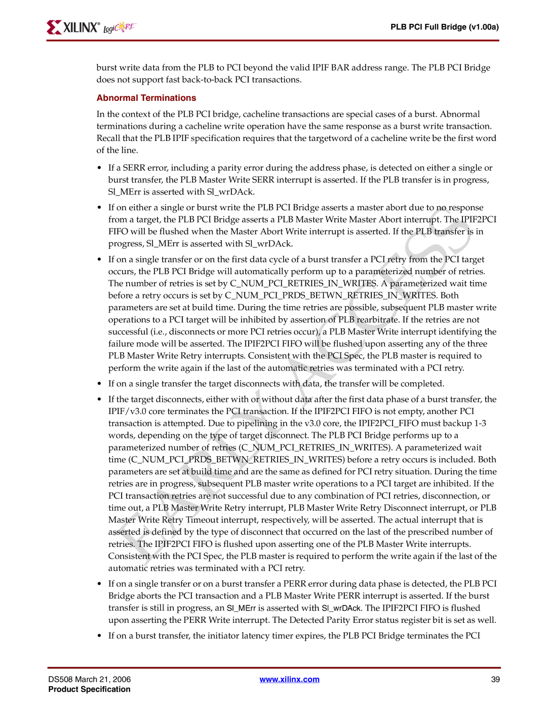 Xilinx PLB PCI Full Bridge specifications Abnormal Terminations 