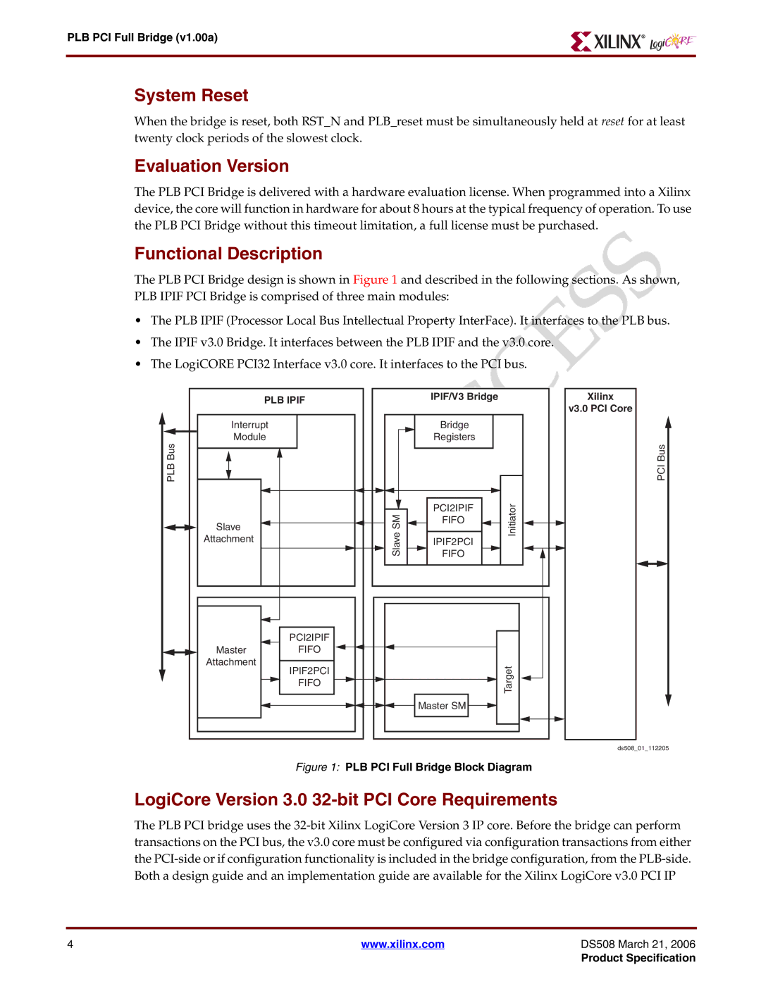 Xilinx PLB PCI Full Bridge specifications System Reset, Evaluation Version, Functional Description 