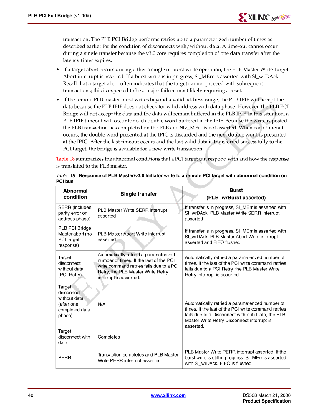 Xilinx PLB PCI Full Bridge specifications Write Perr interrupt asserted 