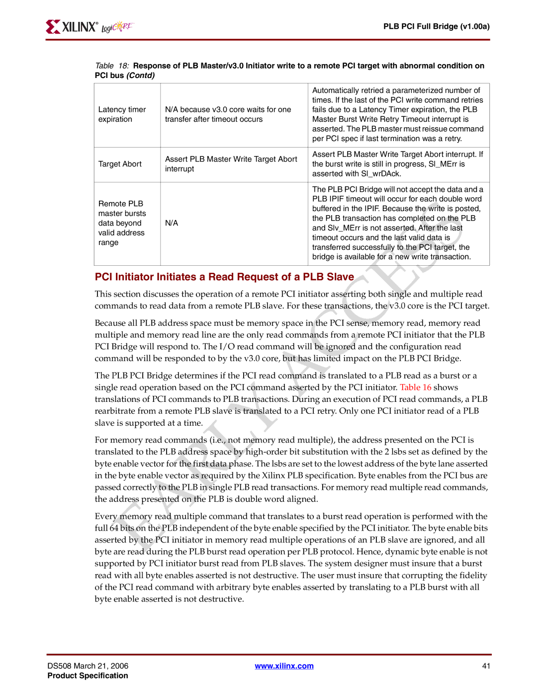 Xilinx PLB PCI Full Bridge specifications PCI Initiator Initiates a Read Request of a PLB Slave 