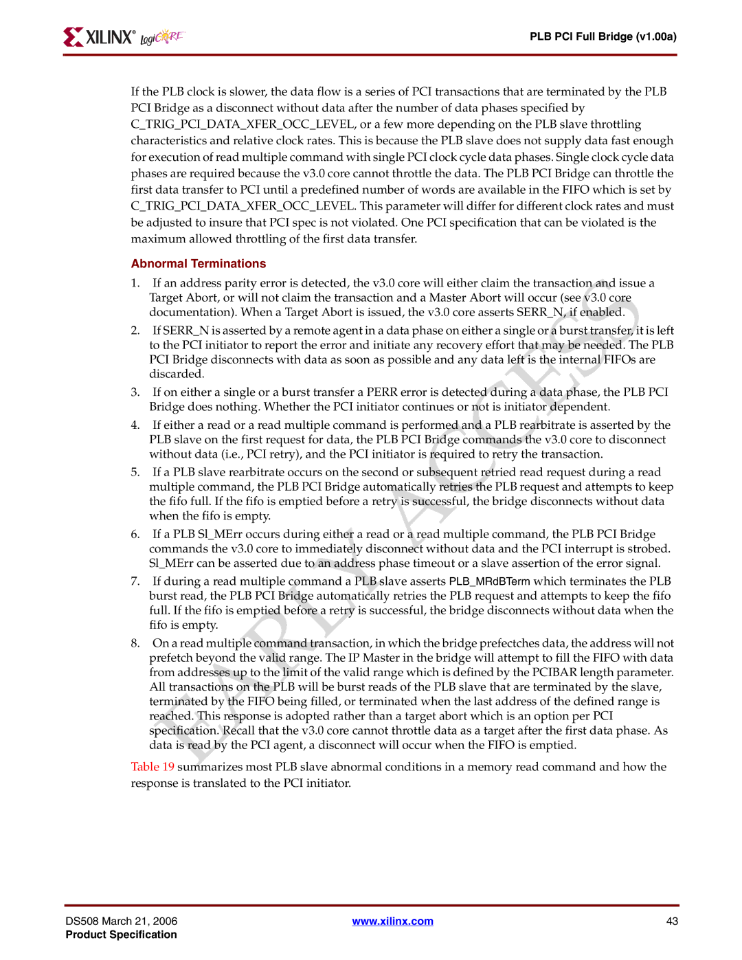 Xilinx PLB PCI Full Bridge specifications Abnormal Terminations 