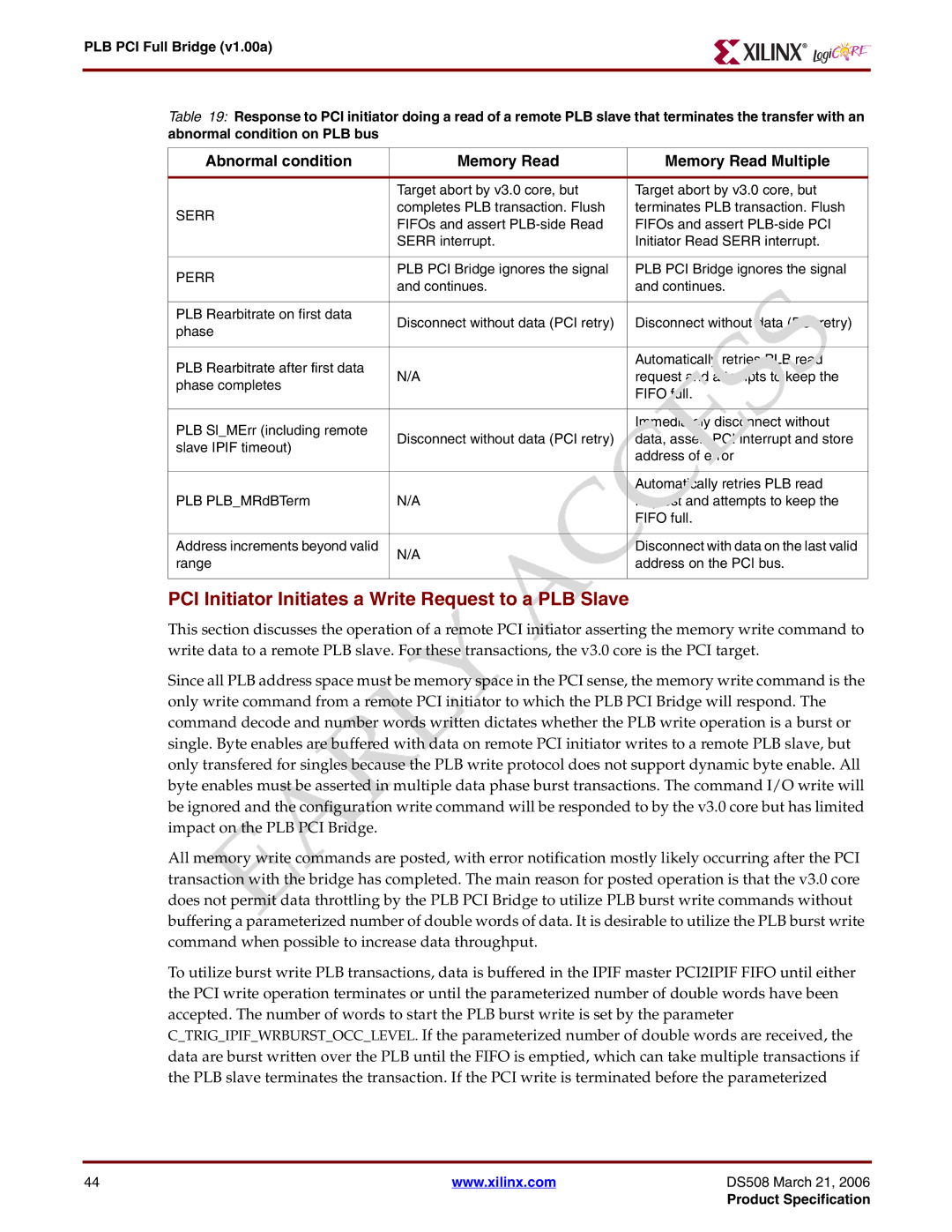 Xilinx PLB PCI Full Bridge specifications PCI Initiator Initiates a Write Request to a PLB Slave, Serr 