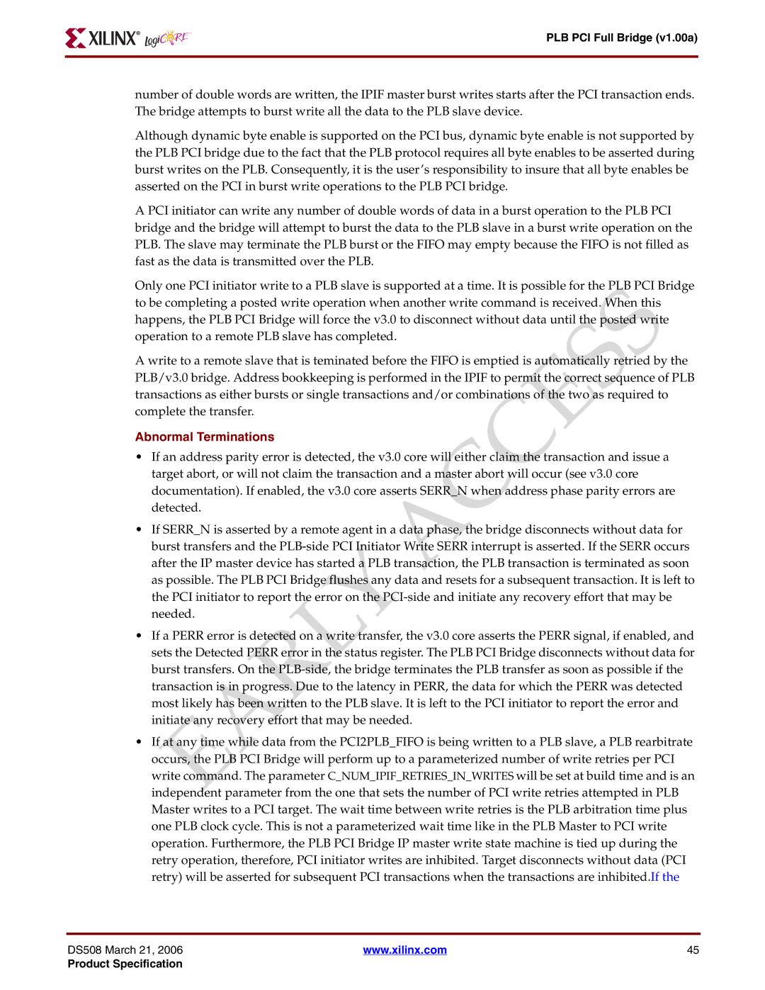 Xilinx PLB PCI Full Bridge specifications Abnormal Terminations 