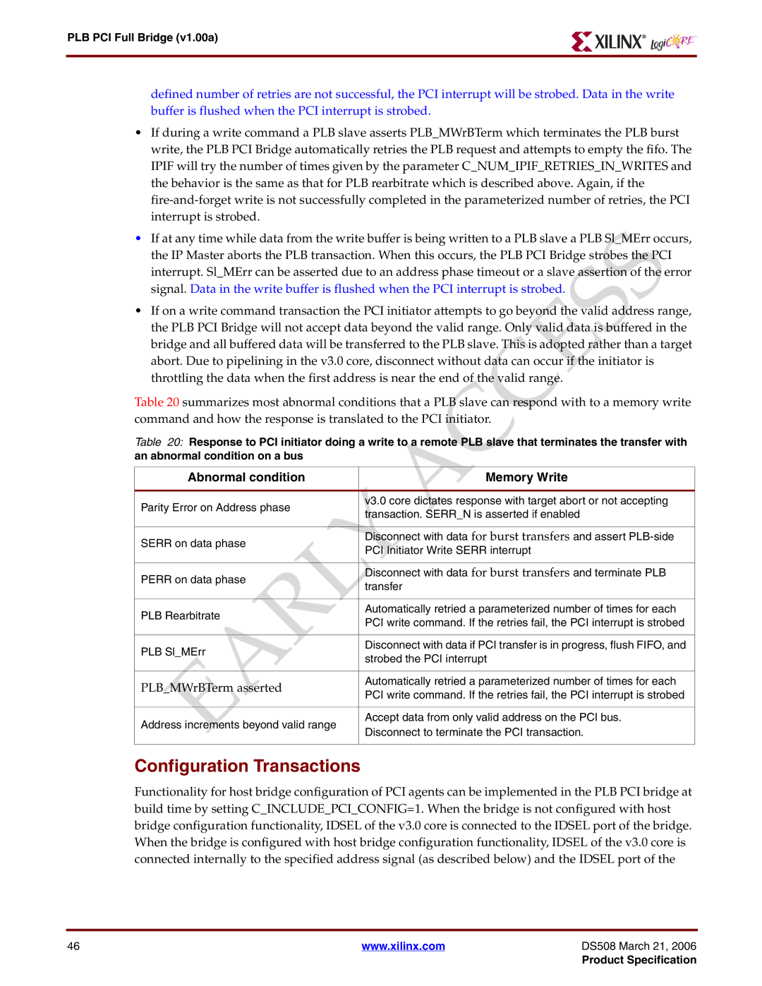 Xilinx PLB PCI Full Bridge specifications Configuration Transactions, Abnormal condition Memory Write 