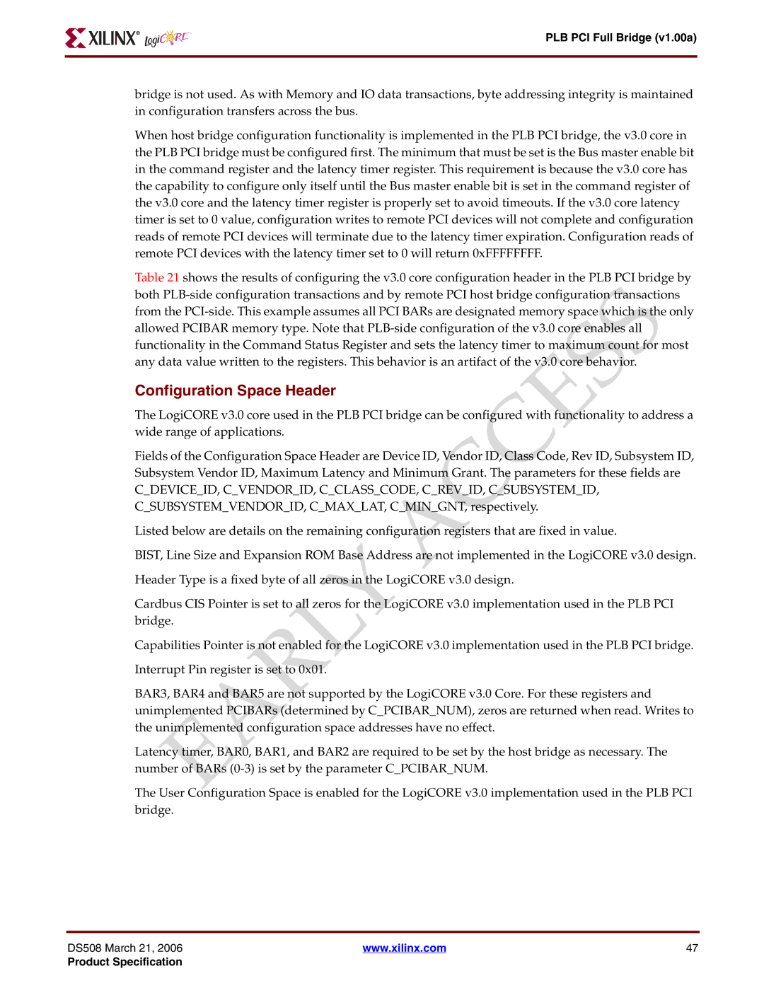 Xilinx PLB PCI Full Bridge specifications Configuration Space Header 