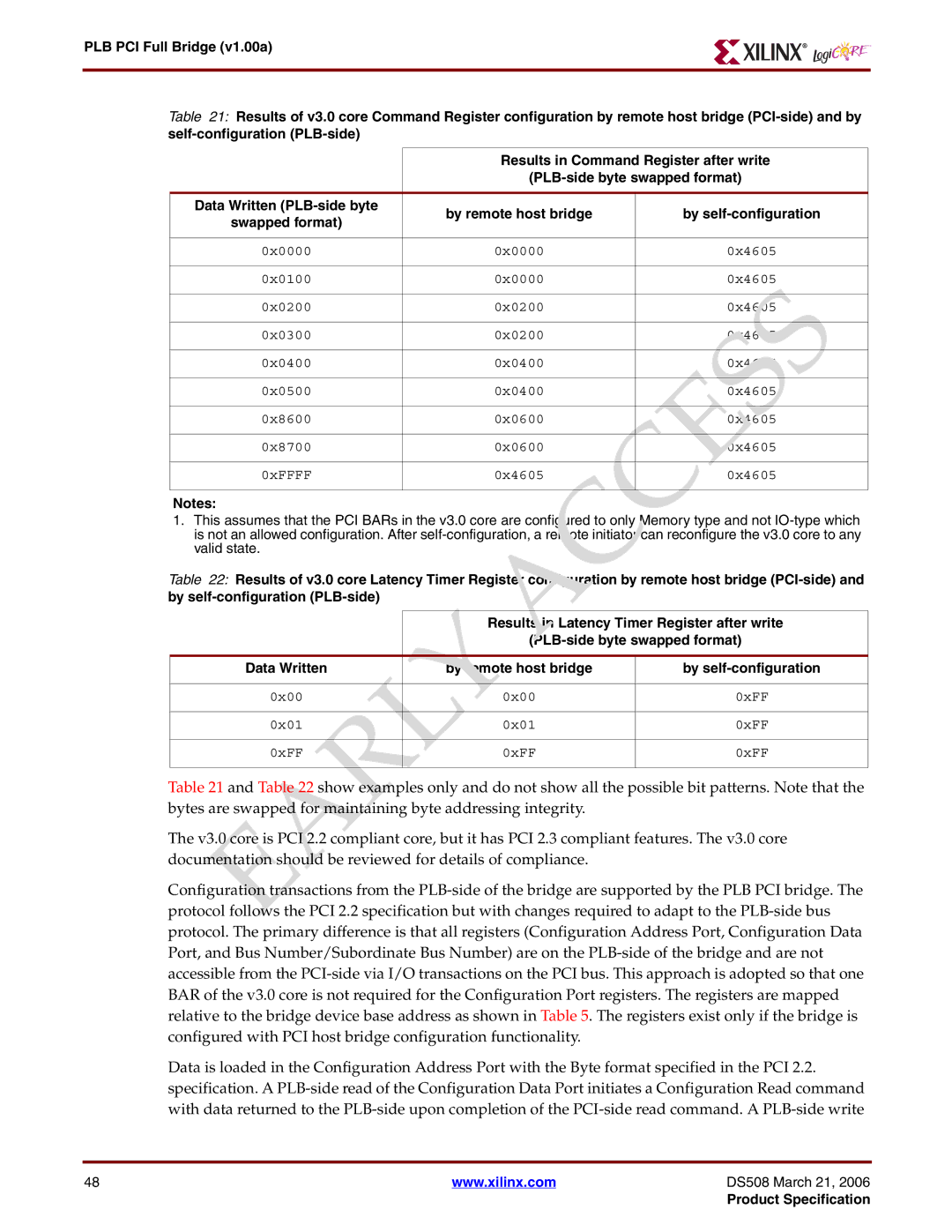 Xilinx PLB PCI Full Bridge specifications 0x00 0xFF 0x01 