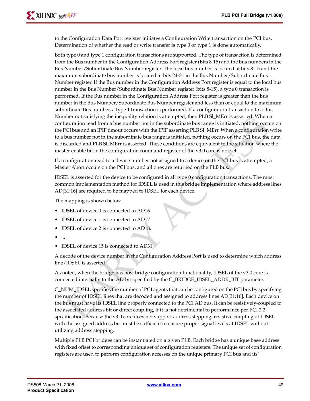 Xilinx specifications PLB PCI Full Bridge v1.00a 