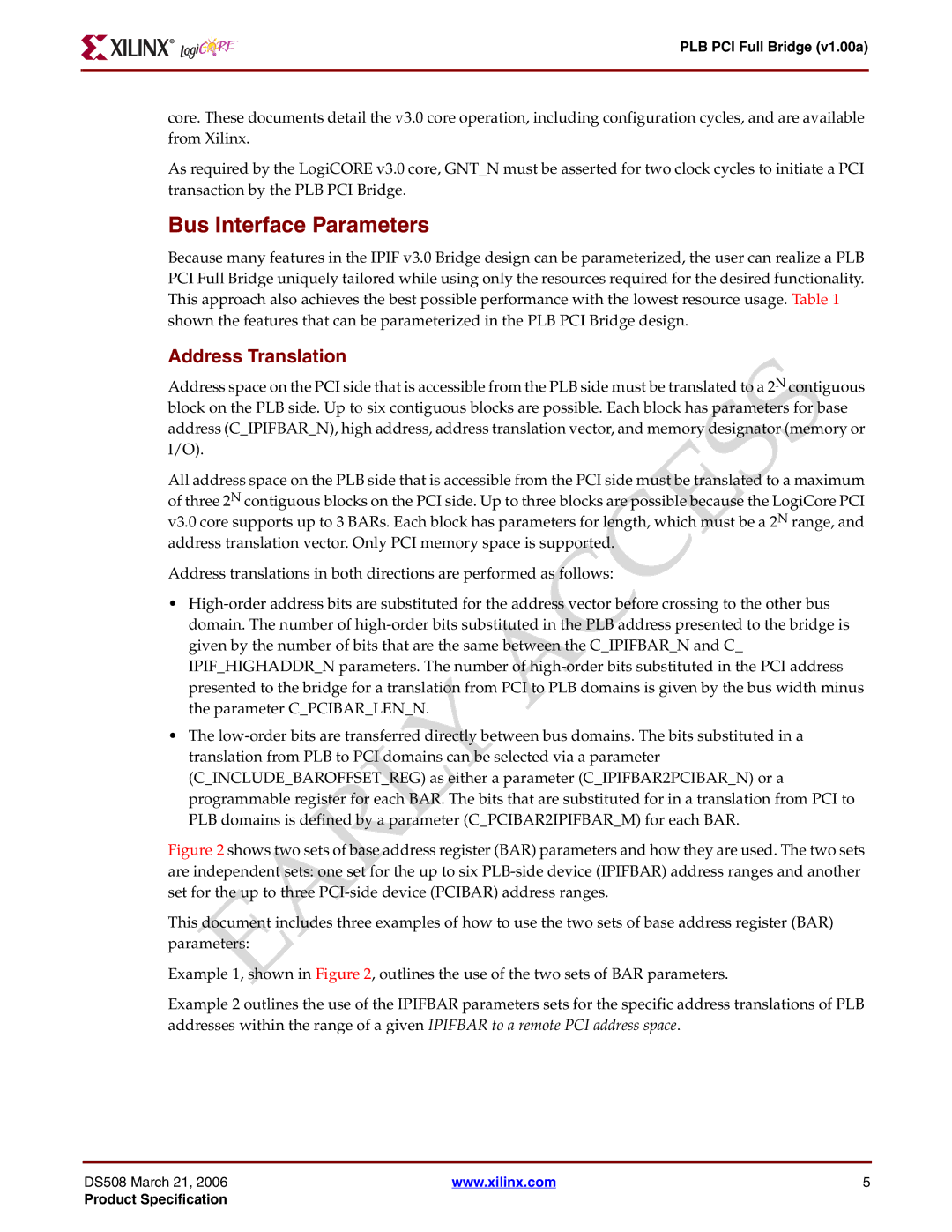 Xilinx PLB PCI Full Bridge specifications Bus Interface Parameters, Address Translation 