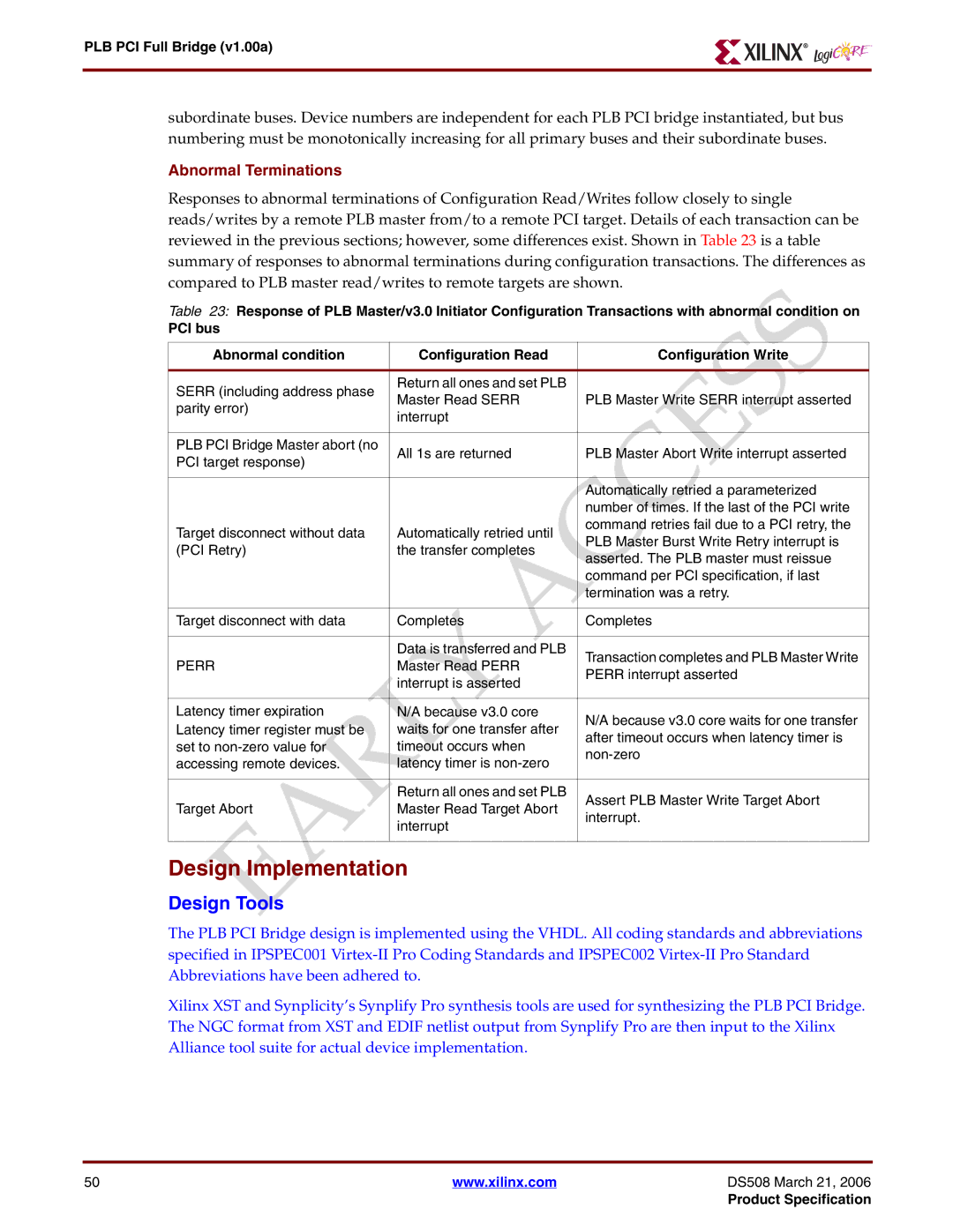 Xilinx PLB PCI Full Bridge specifications Design Implementation, Design Tools 