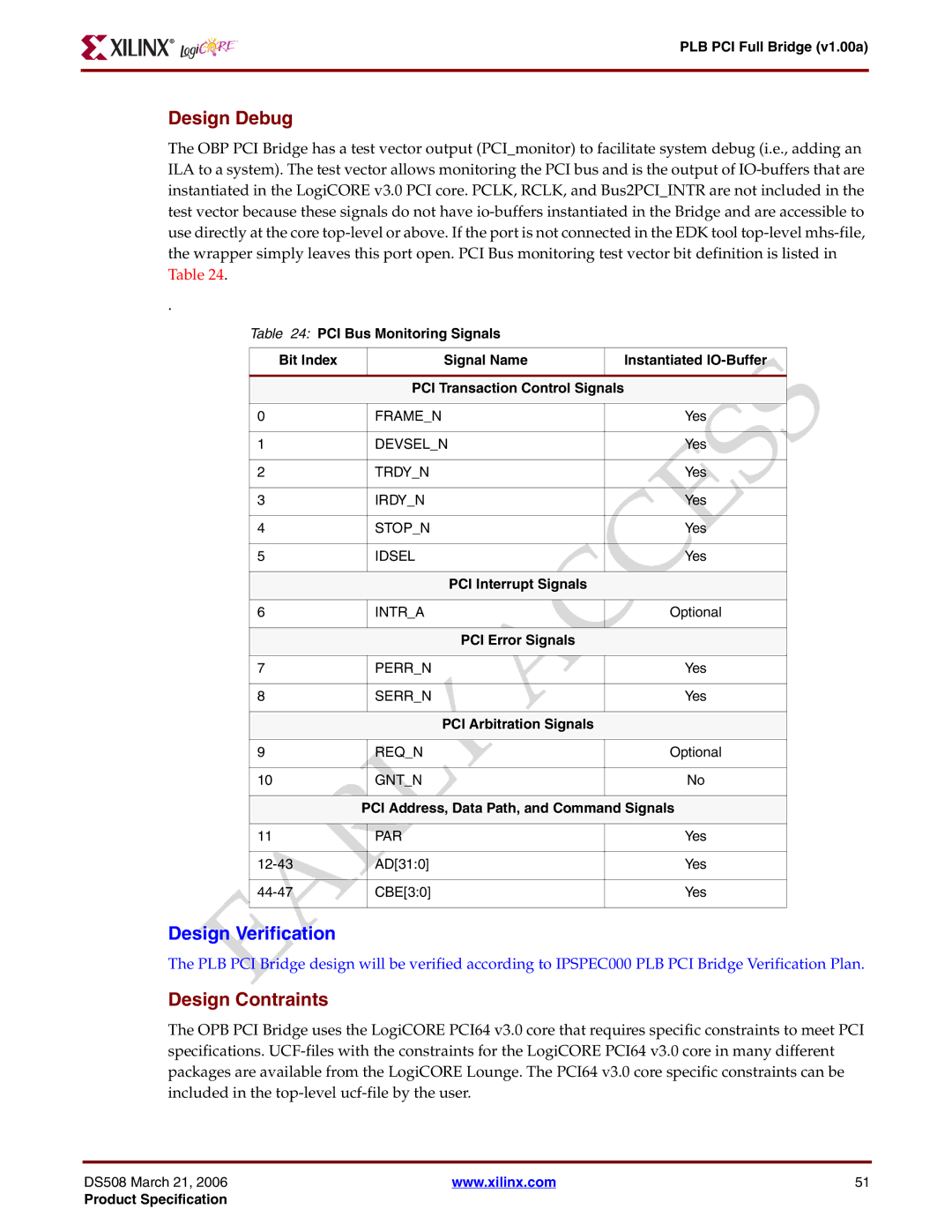 Xilinx PLB PCI Full Bridge specifications Design Debug, Design Contraints 