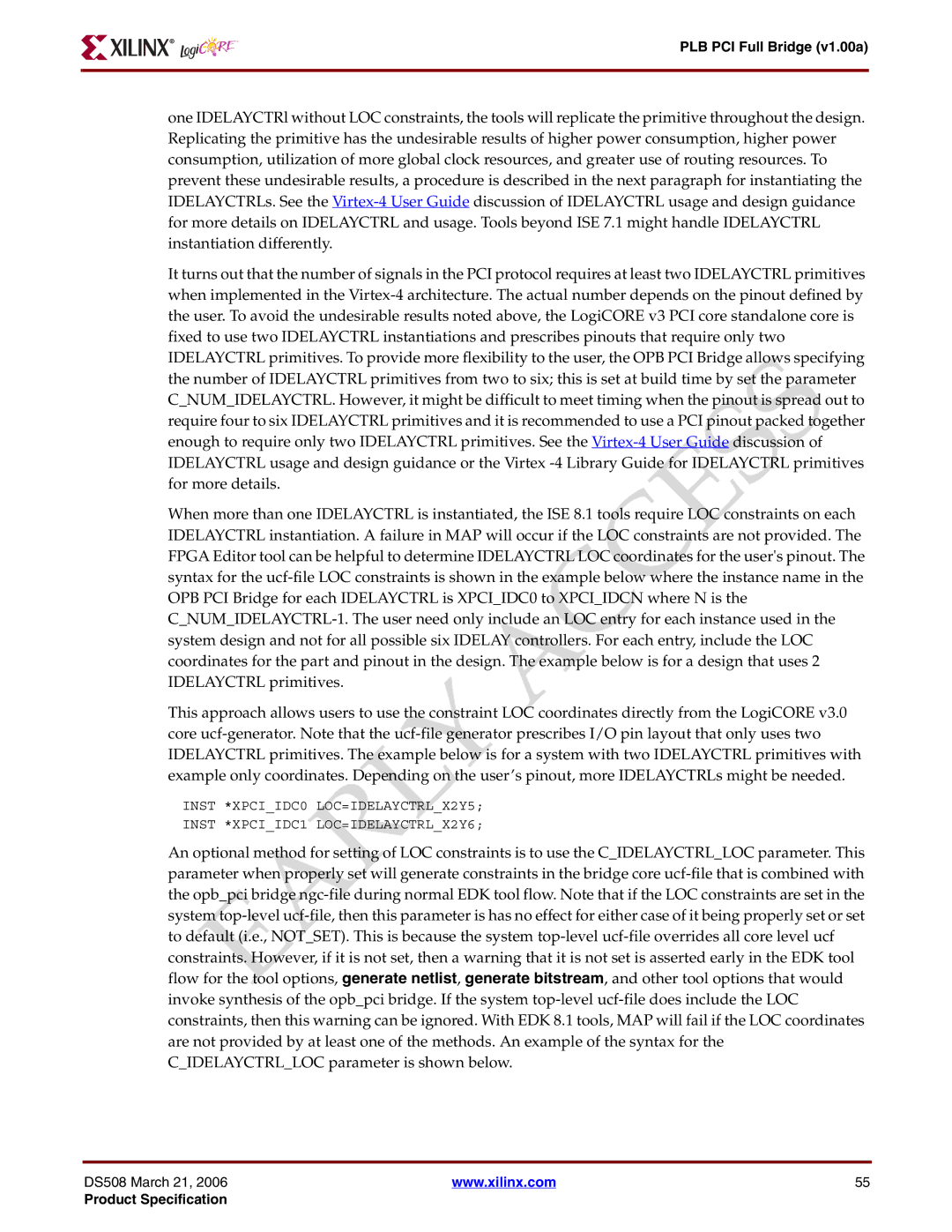 Xilinx specifications PLB PCI Full Bridge v1.00a 