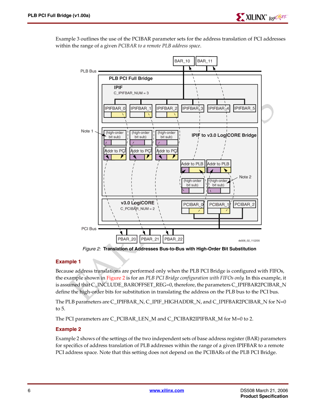 Xilinx PLB PCI Full Bridge specifications Example 